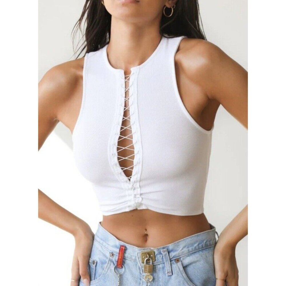 Joah Brown White Lace-Up Tank Top